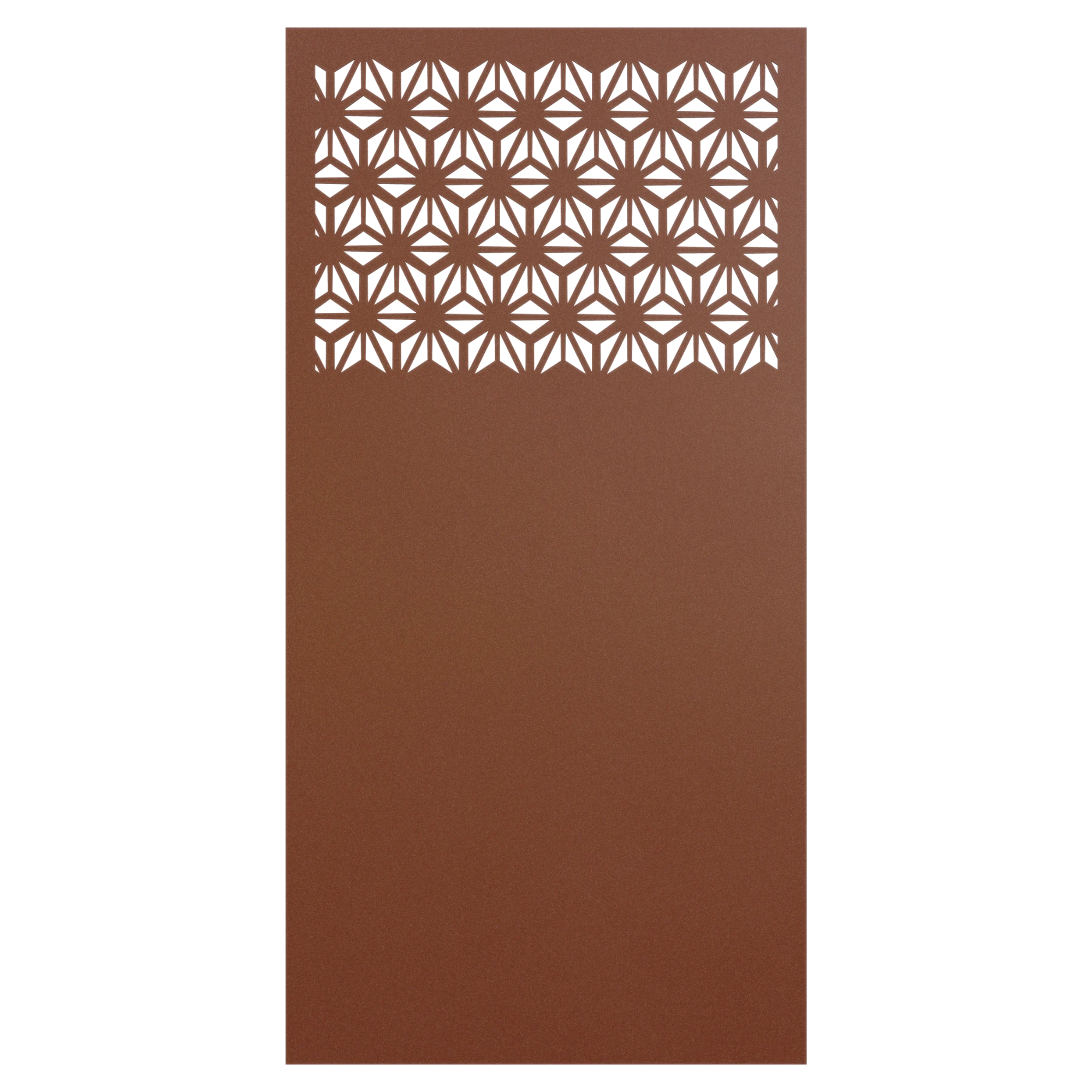 powder coated aluminum privacy screen with decorative motif on the top half