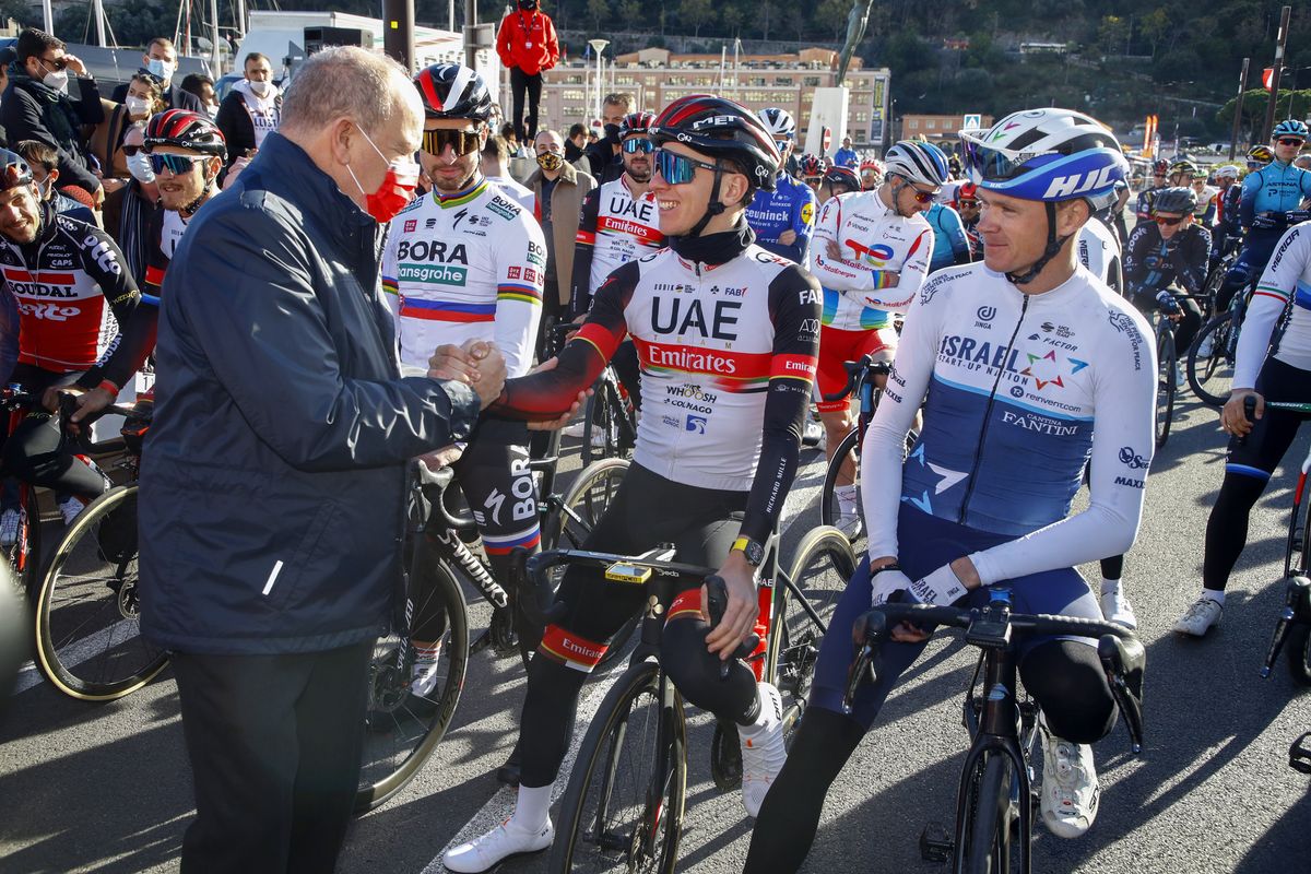 Prince Alberto greets Tadej Pogacar before the start