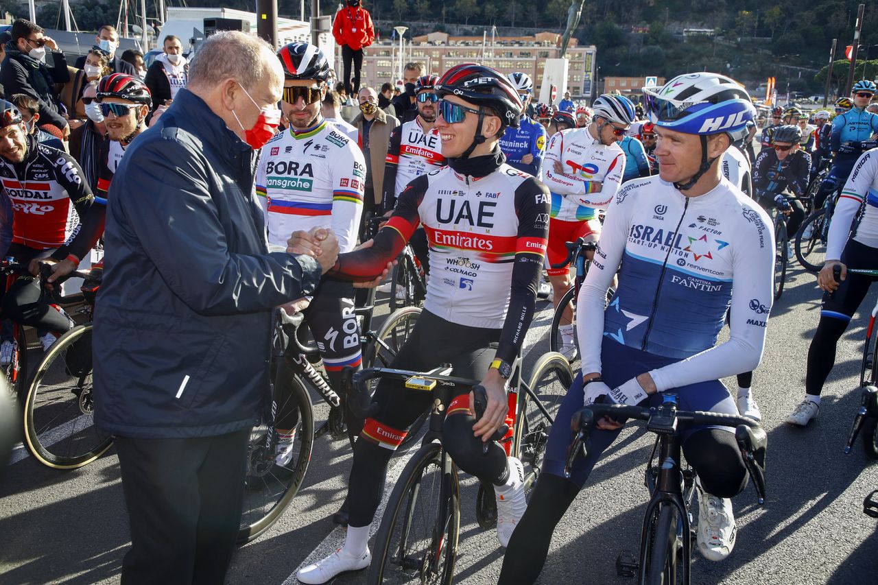 Prince Alberto greets Tadej Pogacar before the start