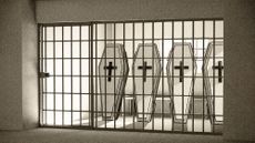 Photo collage of a row of coffins in a jail cell