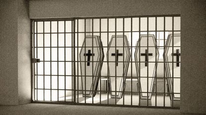 Photo collage of a row of coffins in a jail cell