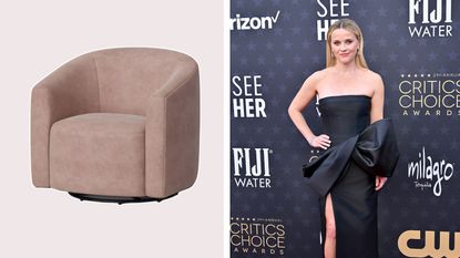 A pink velvet swivel chair from Target/Threshold next to Reese Witherspoon in a black dress on a red carpet