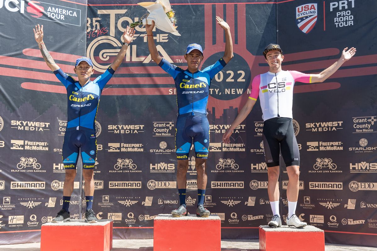 Stage 5 podium: Eduardo Corte Cordero (Canel's Zerouno) in 1st, Heiner Parra Bustamante (Canel's Zerouno), Sean Gardner (CS Velo) 3rd.