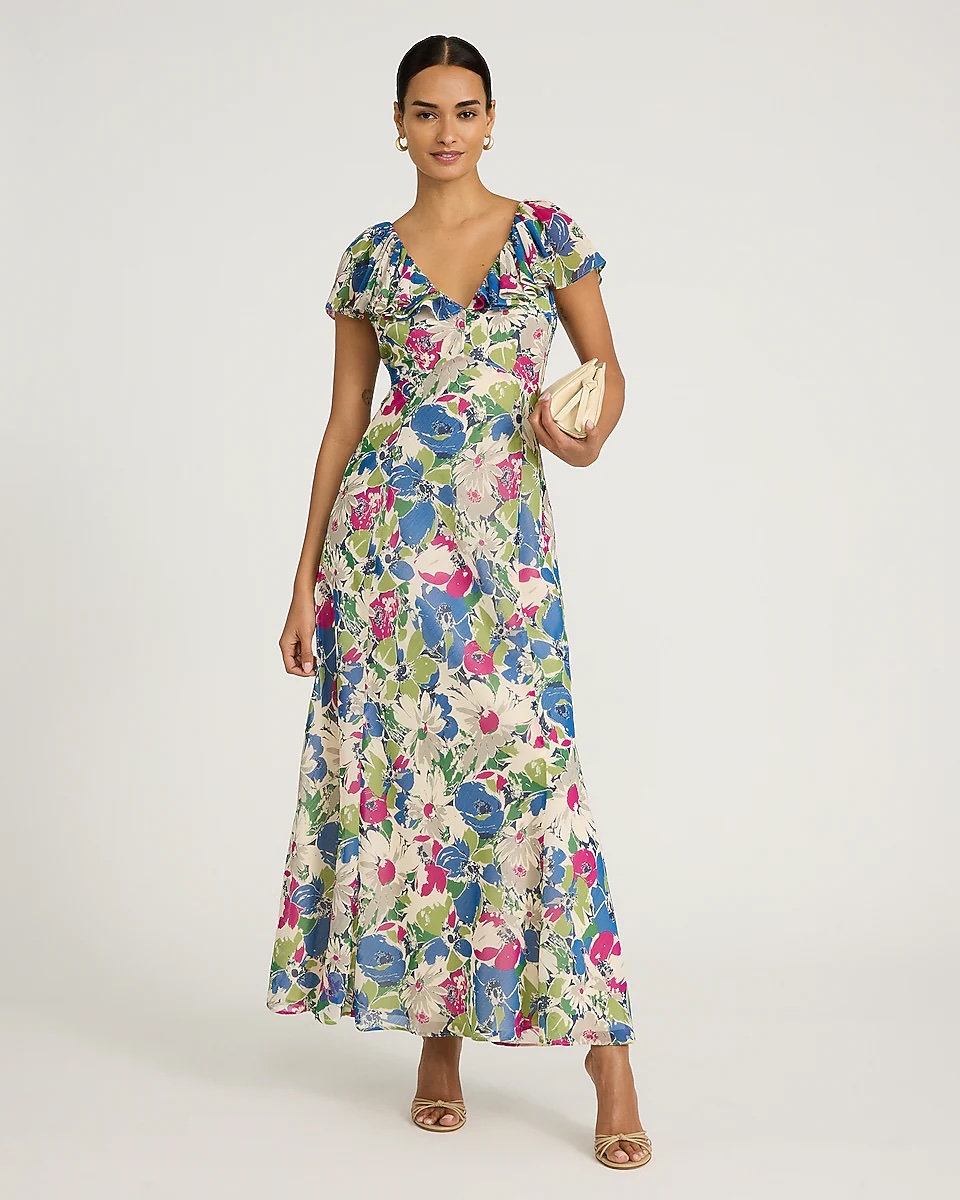 express, Floral Chiffon V-Neck Flutter Sleeve Maxi Dress