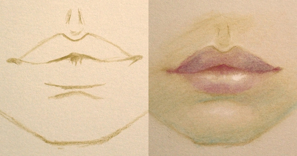Outline of lips (left), shaded in (right)