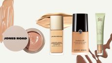 A collage of some of the best foundations for dry skin featured in this guide from Jones Road, Laura Mercier, Giorgio Armani and PIXI, pictured on a cream template with various foundation swatches.