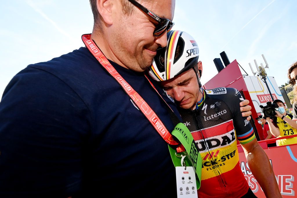 LARRABELAGUA SPAIN SEPTEMBER 09 Stage winner Remco Evenepoel of Belgium and Team Soudal Quick Step reacts after the 78th Tour of Spain 2023 Stage 14 a 1562km stage from SauveterredeBarn to LarraBelagua 1588m UCIWT on September 09 2023 in LarraBelagua Spain Photo by Tim de WaeleGetty Images