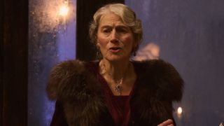 Geraldine James in a fur stole as Isabella Salucci in Dope Girls.