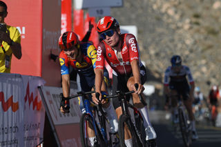 Lennert Van Eetvelt (Lotto) crosses the finish line at Jebel Jais at the 2025 UAE Tour