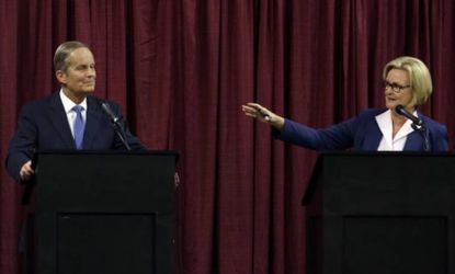 Todd Akin during the first debate in the Missouri Senate race on Sept. 21 in Columbia, Mo.: Akin has come under fire for saying that his opponent, Claire McCaskill (D) was not "ladylike" duri