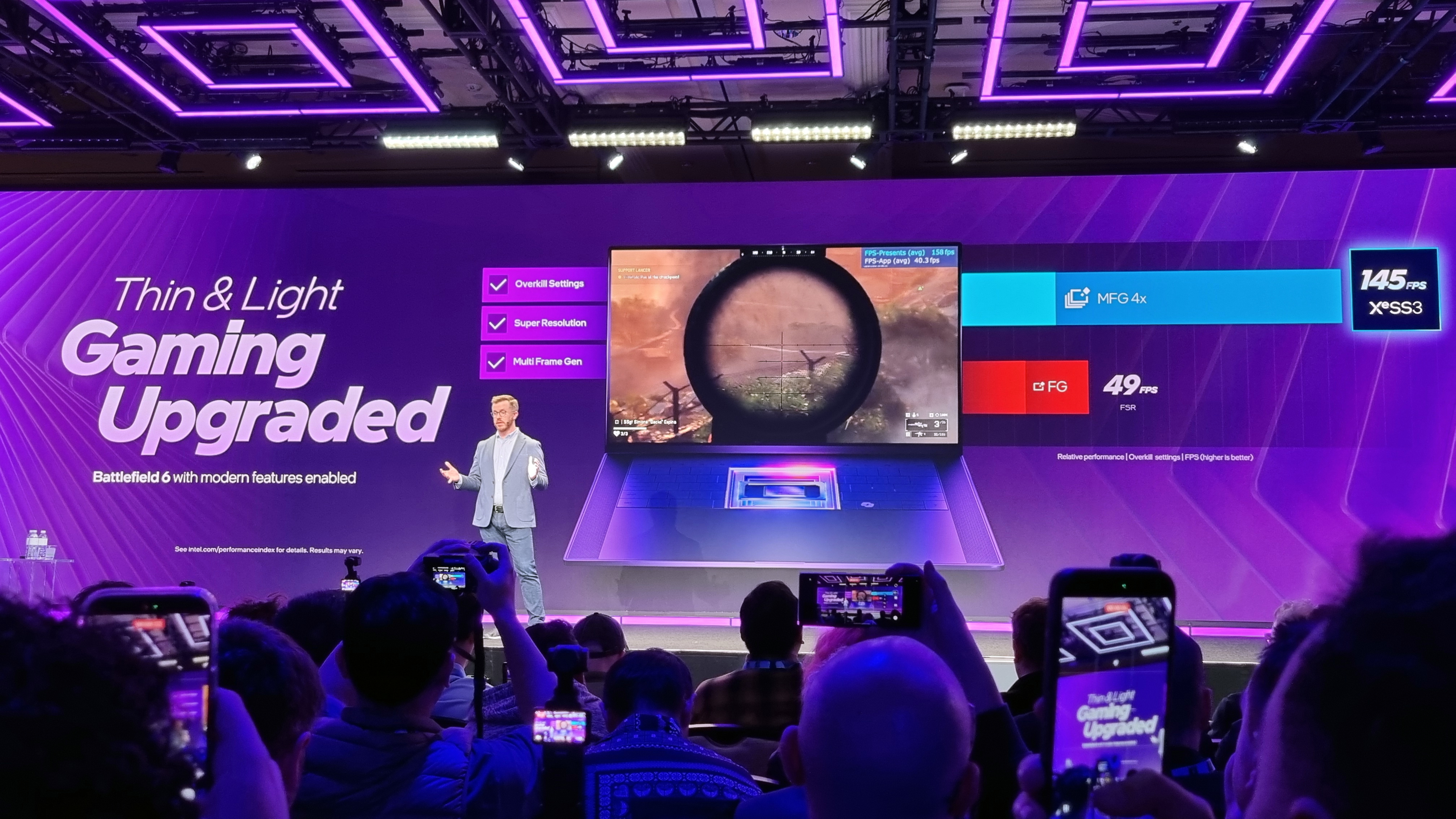 A slide from the Intel Core Ultra Series 3 launch, showing a thin and light gaming laptop