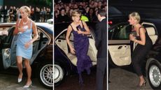 Composite of three images of Princess Diana holding her clutch bag as she exits cars in June 1997, February 1997 and July 1997
