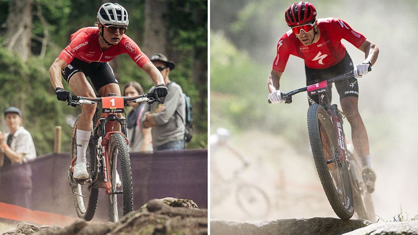 Samara Maxwell and Christopher Blevins with the red jersey of the series leader and number 1 plate during the 2025 Whoop UCI Mountain Bike World Series