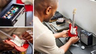 Three images of a the Lego Fender Stratocaster guitar