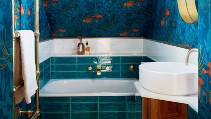 Small bathroom color ideas with blue tiles and wallpaper