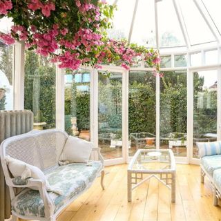 white conservatory with sofa and pink flowers