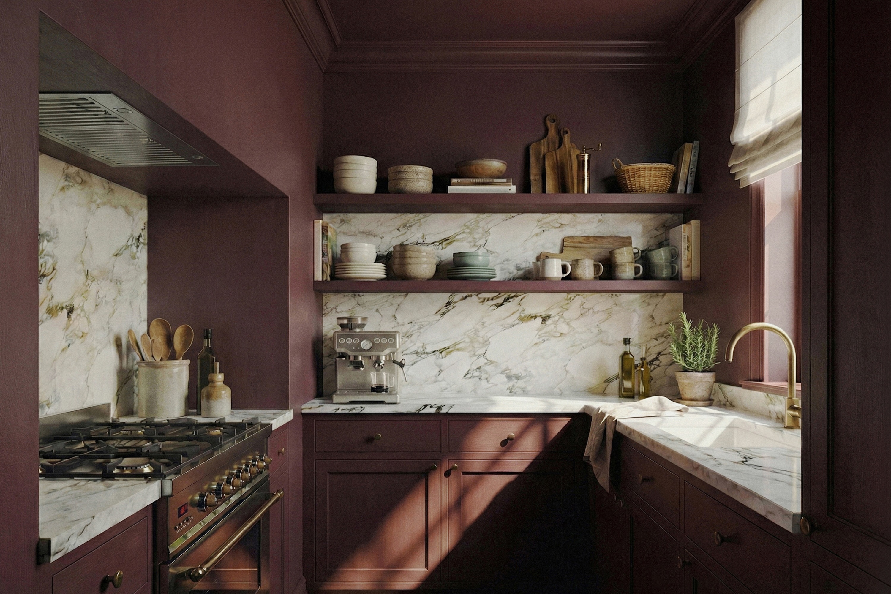 Burgundy color drenched kitchen by Dorothee Junkin