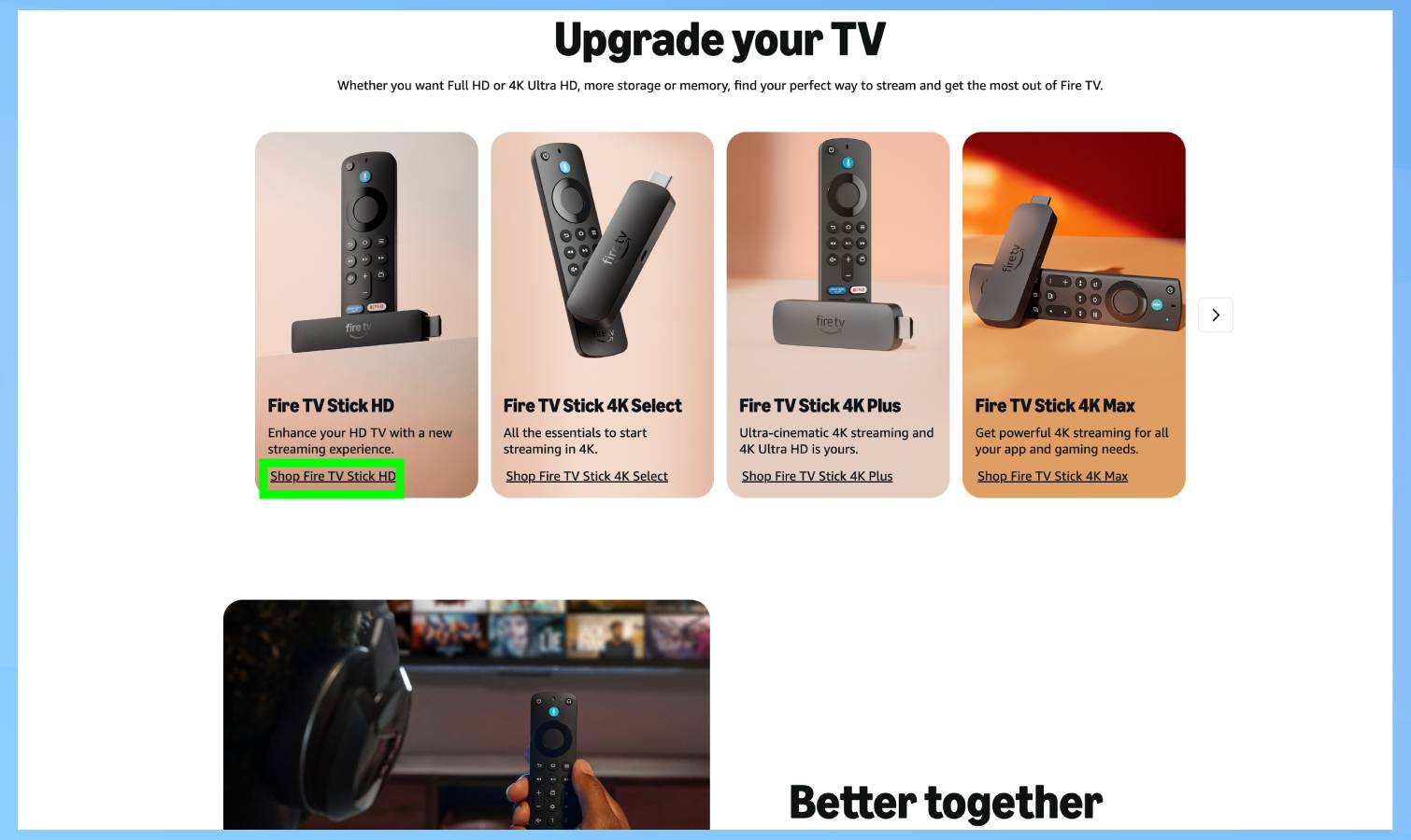 Amazon Fire Tv Stick HD highlighted on product page