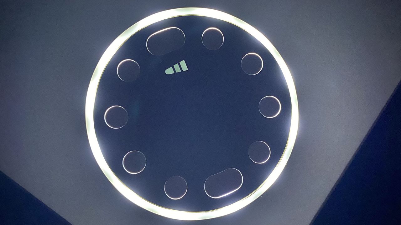 The Groov-e Serenity sleep aid sound machine at night with the LED light on