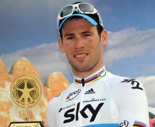 Mark Cavendish (Sky) on the podium for his first win of 2012.