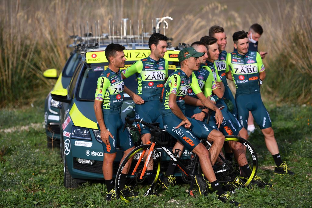 PALERMO ITALY OCTOBER 01 Simone Bevilacqua of Italy Marco Frapporti of Italy Lorenzo Rota of Italy Matteo Spreafico of Italy Etienne Van Empel of The Netherlands Giovanni Visconti of Italy Luca Wackermann of Italy Edoardo Zardini of Italy and Team Vini Zabu KTM during the 103rd Giro dItalia 2020 Team Presentation in Archaeological Park of Segesta in Palermo City Temple of Segesta girodiitalia Giro on October 01 2020 in Palermo Italy Photo by Tim de WaeleGetty Images