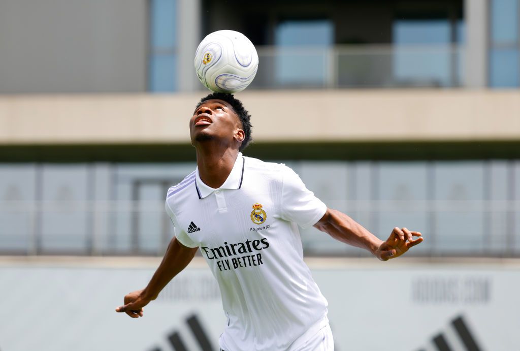 Aurélien Tchouaméni of Real Madrid during his official presentation at Estadio Santiago Bernabeu on June 14, 2022 in Madrid, Spain. 