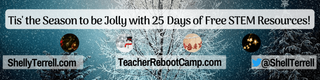 Illustration of snow covered trees and decorations with text: Tis’ the Season to be Jolly! 25 Days of STEM Goodies