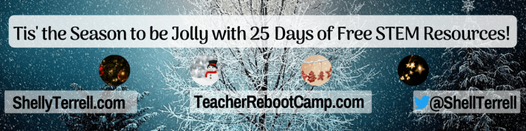 Illustration of snow covered trees and decorations with text: Tis’ the Season to be Jolly! 25 Days of STEM Goodies