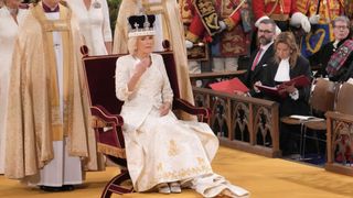 Queen Camilla is crowned with Queen Mary's Crown during her coronation ceremony at Westminster Abbey on May 6, 2023