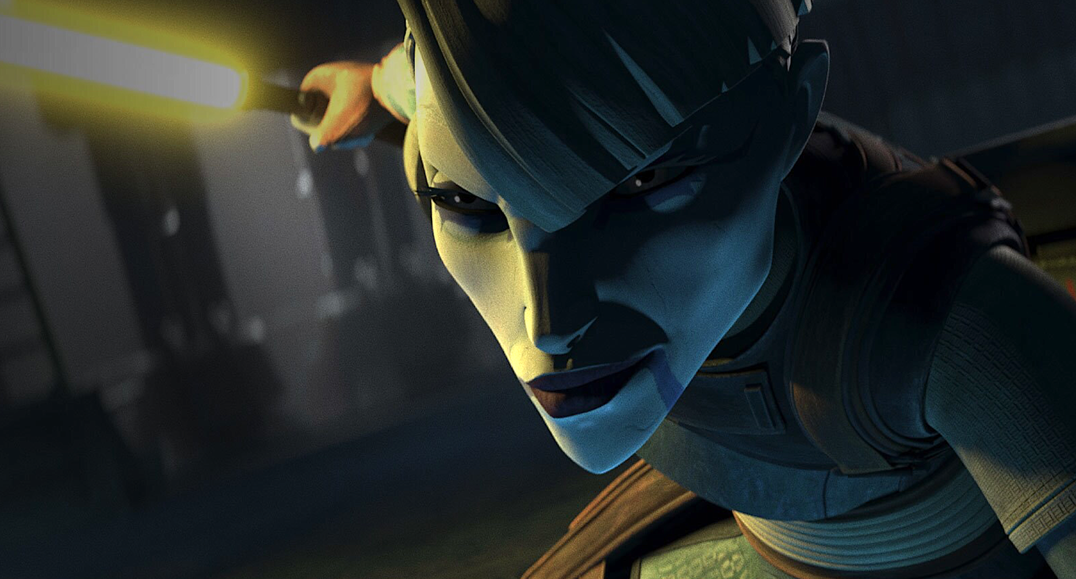 An animated sci-fi warrior holding a lightsaber