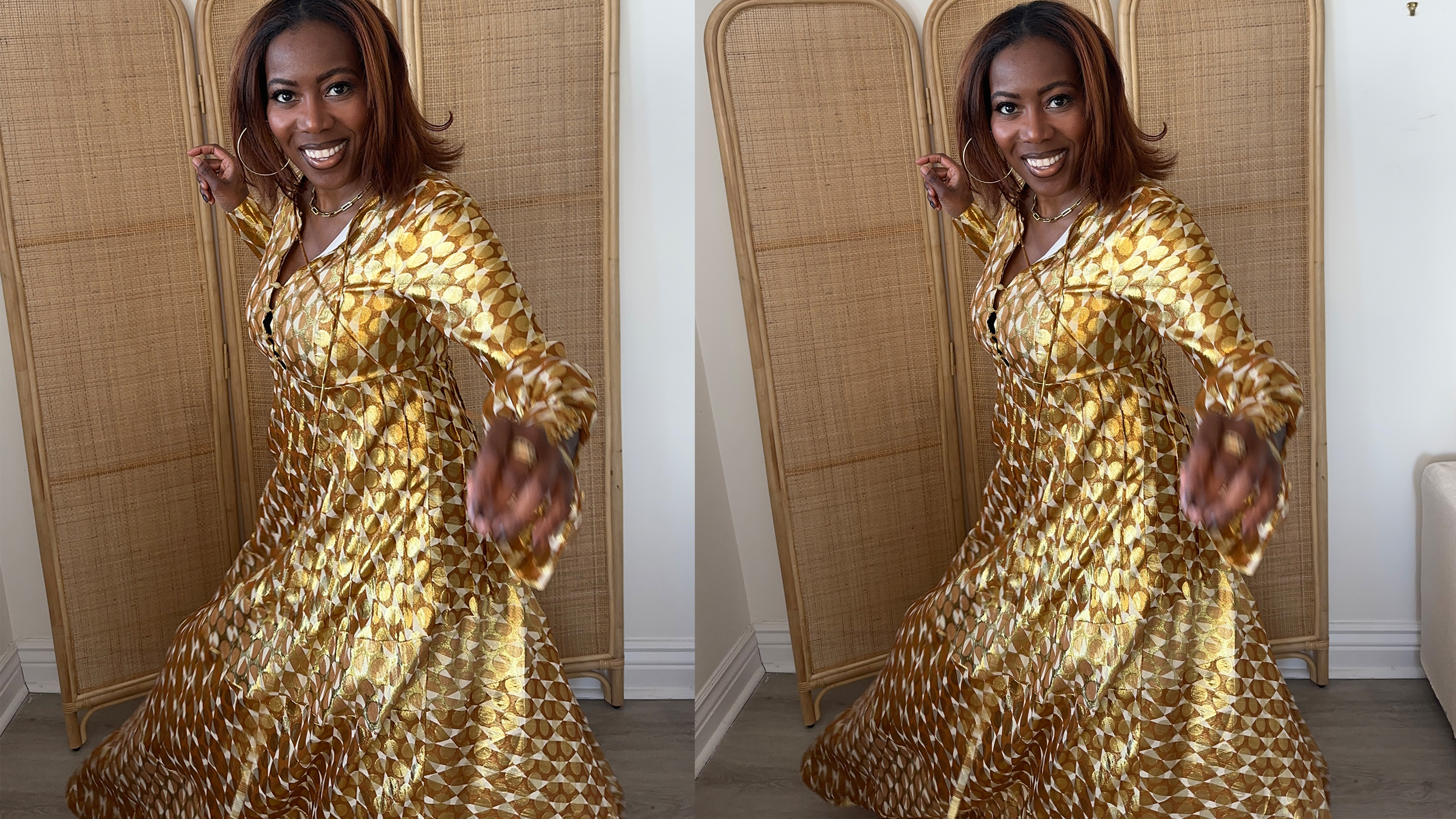 Tiffany Reid wearing a gold patterned dress from her fashion editor guide to holiday hosting. 