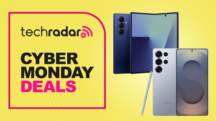 Samsung Galaxy Z Fold 7 and Galaxy S25 Ultra on a yellow background. Text reads: TechRadar Cyber Monday Deals