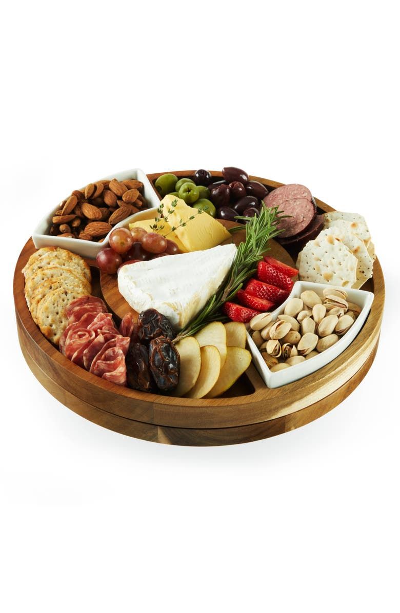 Acacia Wood Rotating Charcuterie Board With Ceramic Dishes