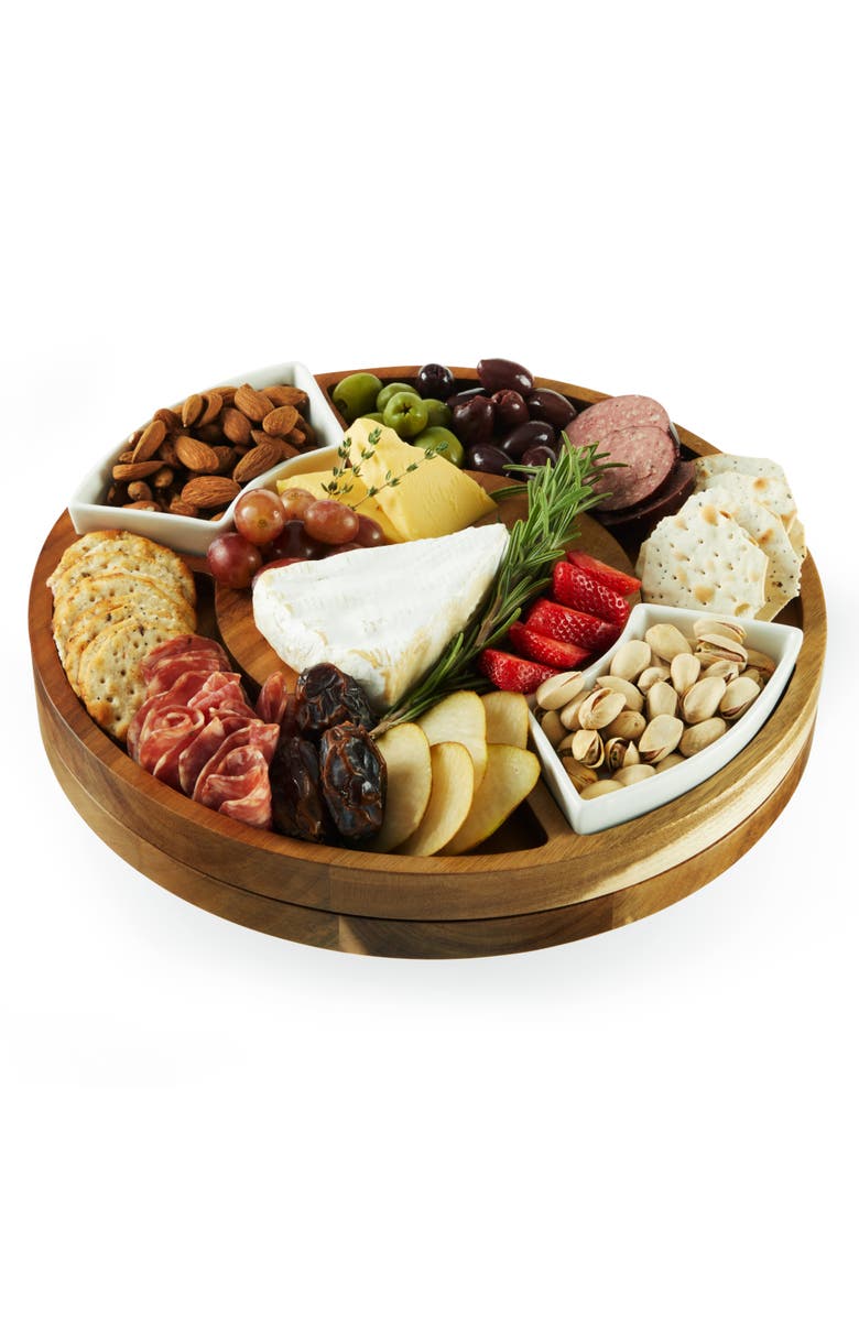 Acacia Wood Rotating Charcuterie Board With Ceramic Dishes