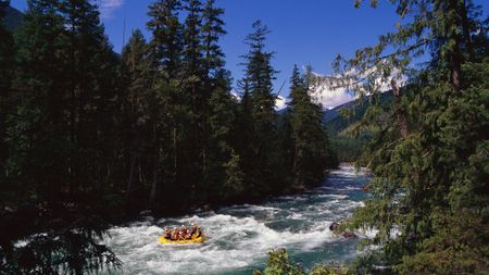 Rafters on a yellow inflatable boat paddle on the Nahatlatch River