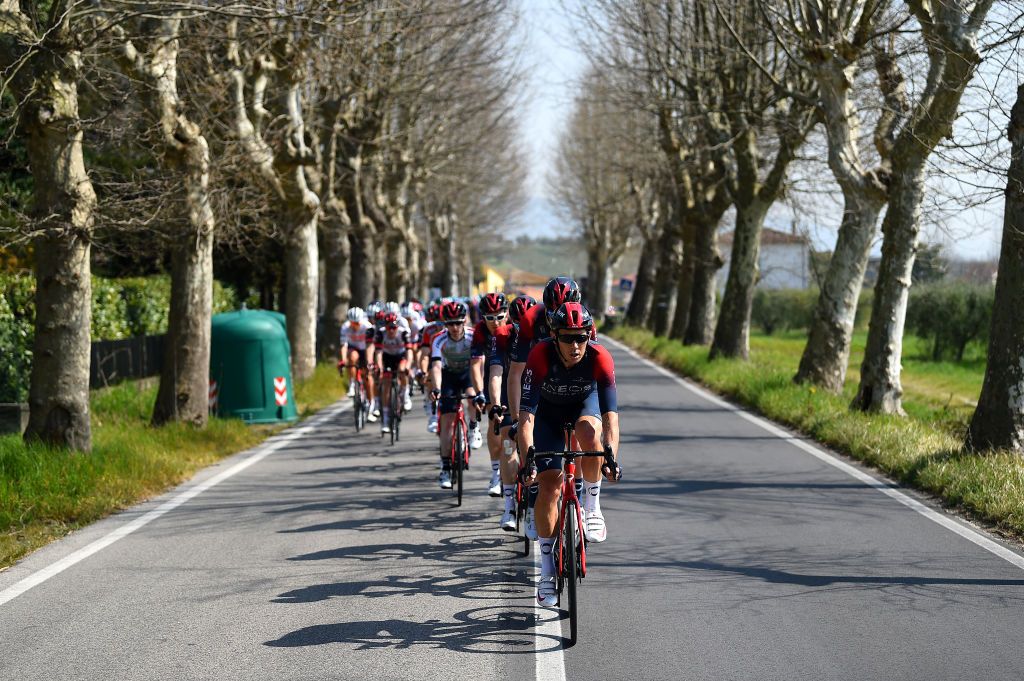 CANTAGRILLO ITALY MARCH 26 Cameron Wurf of Australia and Team INEOS Grenadiers leads the peloton during the 36th Settimana Internazionale Coppi e Bartali 2022 Stage 5 a 160km stage from Casalguidi to Cantagrillo CoppieBartali on March 26 2022 in Cantagrillo Italy Photo by Dario BelingheriGetty Images