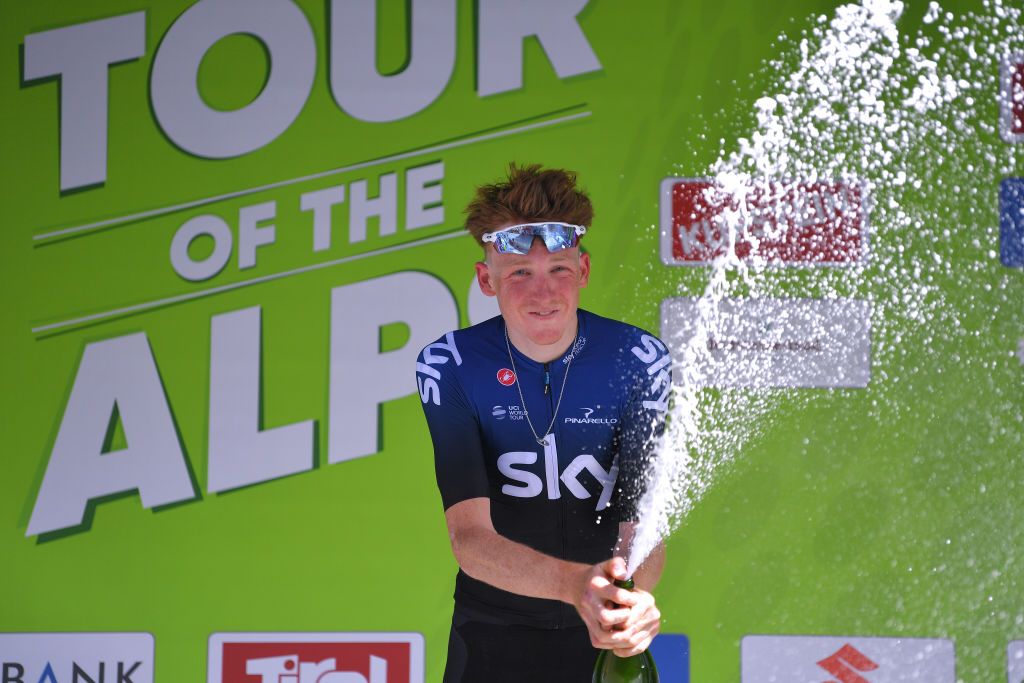 Tao Geoghegan Hart (Team Sky) celebrates victory on stage 1 of the Tour of the Alps.