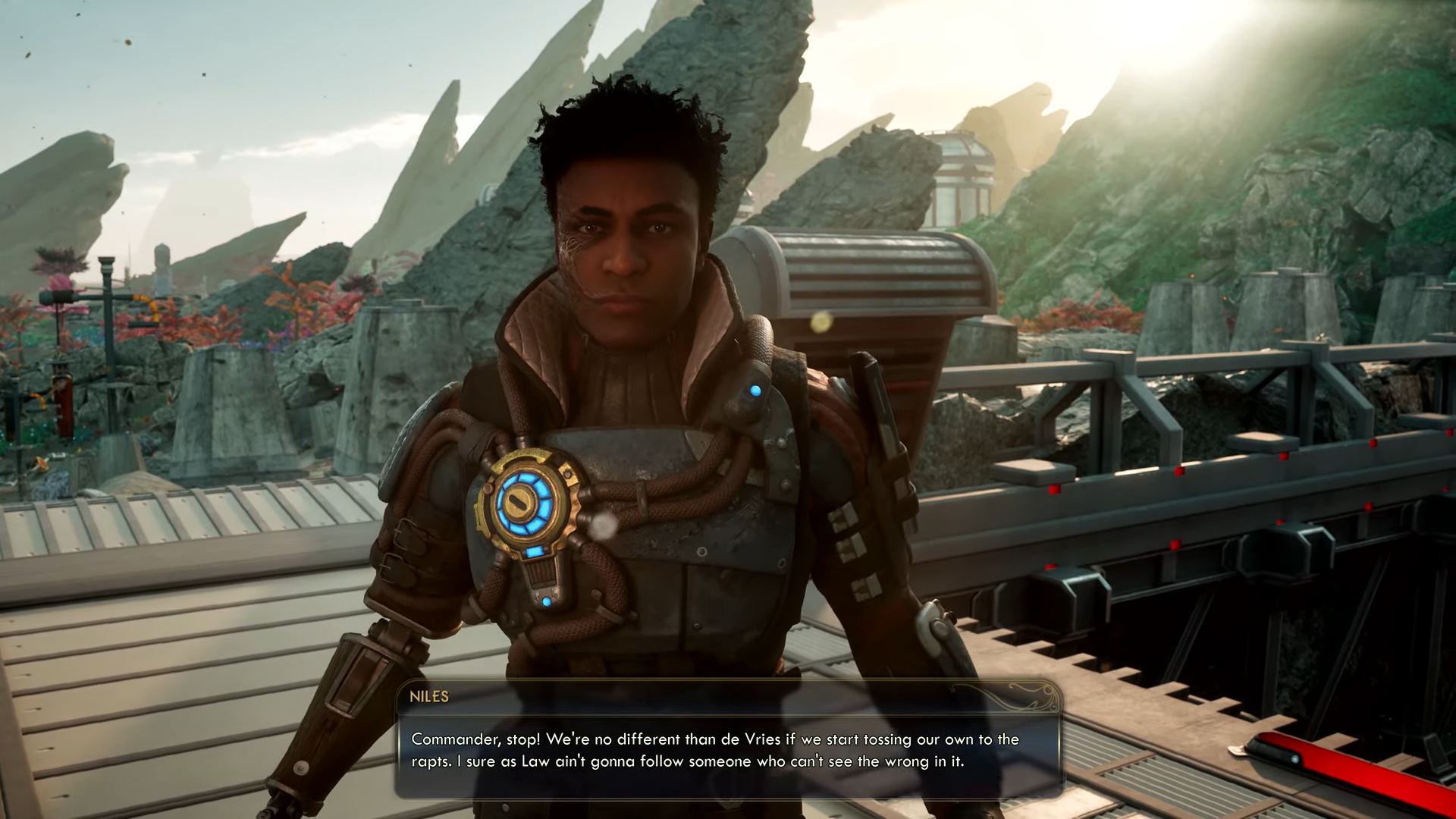 The Outer Worlds 2 screenshot of companion Niles expressing that he doesn't agree with the choice you're about to make