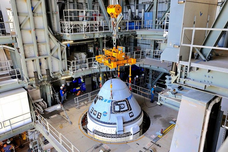 Boeing&#039;s CST-100 Starliner spacecraft was secured atop a United Launch Alliance Atlas V rocket at the Vertical Integration Facility at Space Launch Complex-41 at Florida&#039;s Cape Canaveral Space Force Station on July 17, 2021.