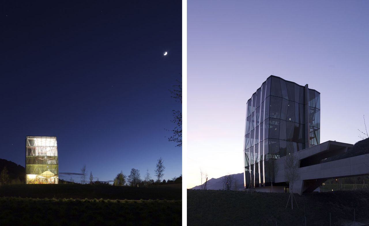 Swarovski has revamped its Kristallwelten in the picturesque village of Wattens, Austria on the left and the new vertical tower on the right