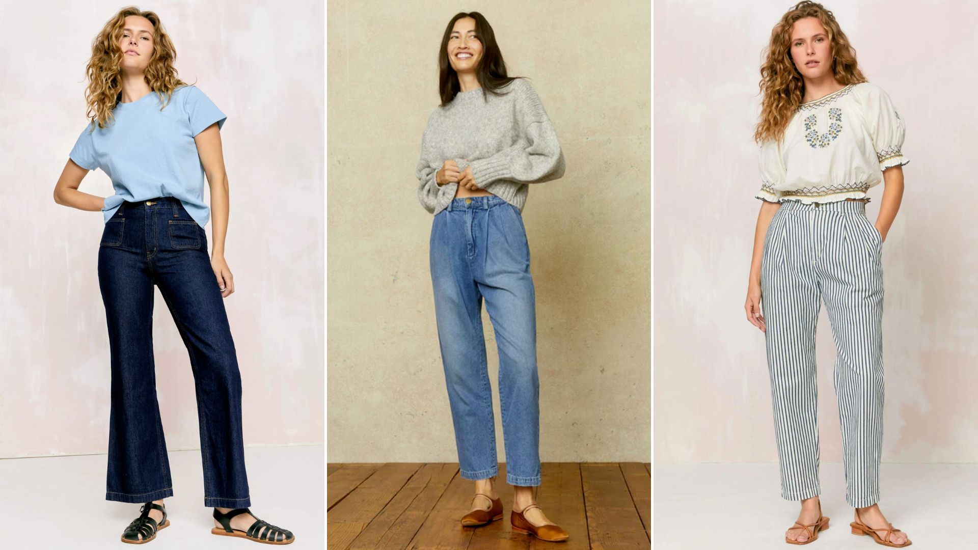 A composite of models wearing jeans made in the usa from Christy Dawn