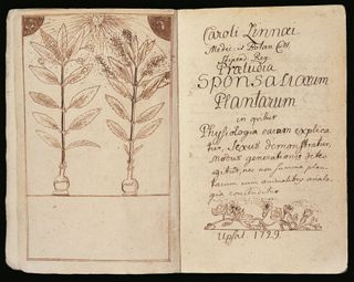 Title page of Praeludia sponsaliorum plantarum (Prelude to the betrothal of plants), by Carl Linnaeus (1707-1778), Uppsala, 1729.