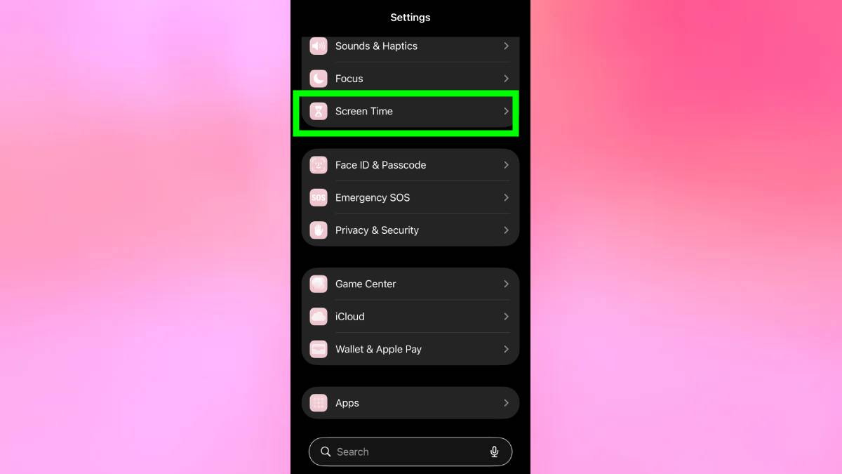 Screen Time highlighted in iPhone settings