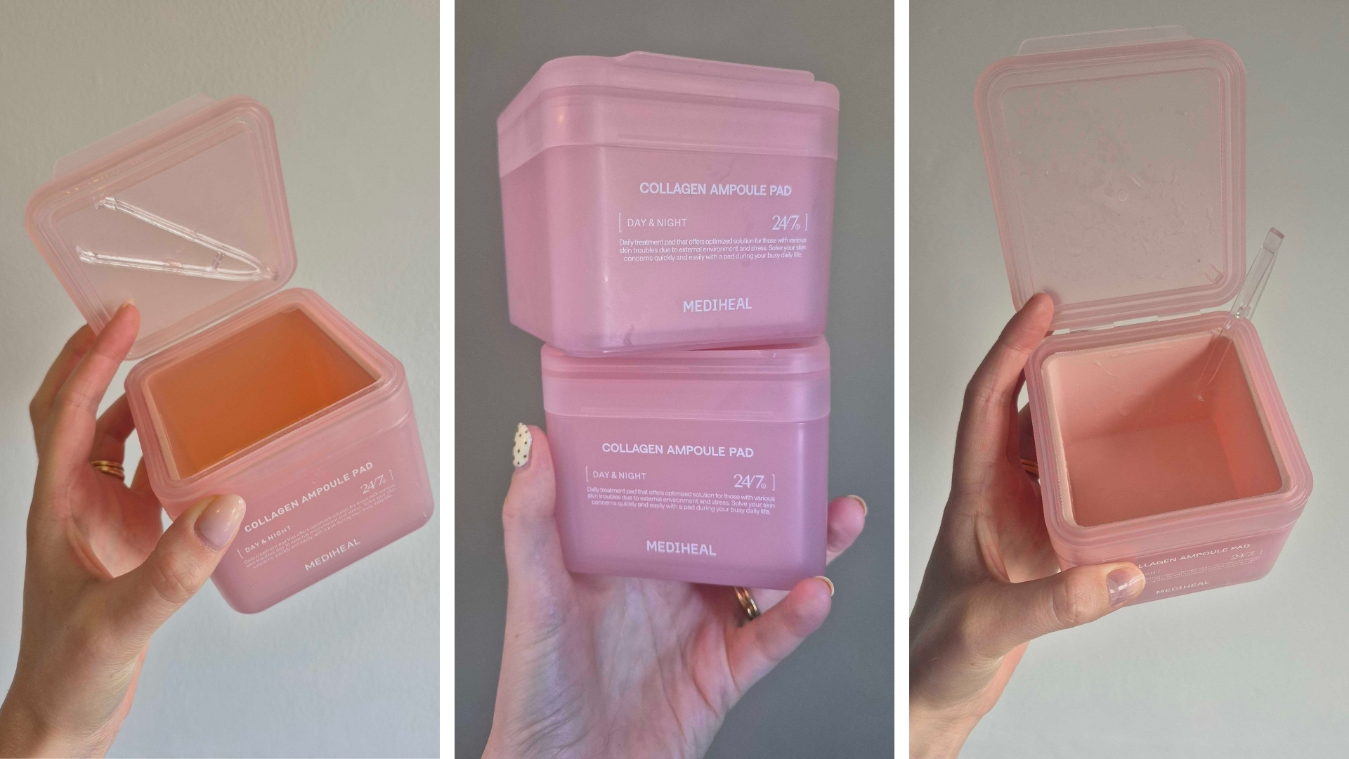 A collage featuring three pictures of Beauty Writer, Naomi Jamieson's hand holding her four empty Mediheal toner pad tubs