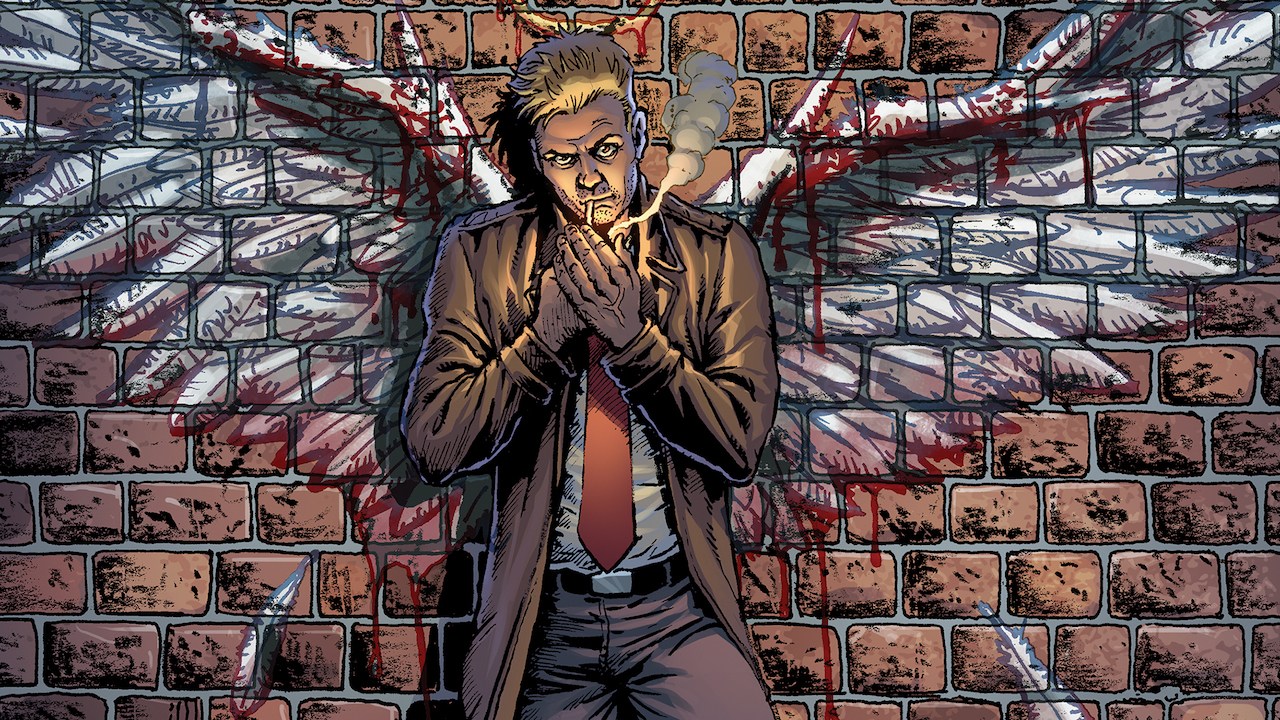 DC Comics artwork of John Constantine standing against brick wall with angel wings behind him