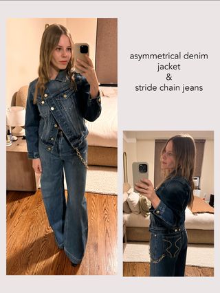 Nikki wears the asymmetrical denim jacket and stride chain jeans.