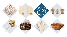 collage of products from ALDI's fall decor drop including floral plush pumpkin, a glass pumpkin, and decorative fall themed kitchen and tableware