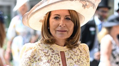 Carole Middleton attends day two of Royal Ascot at Ascot Racecourse on June 18, 2025 wearing a butter yellow dress