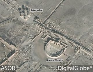 Satellite imagery snapped on Dec. 26, 2016, showing the Tetrapylon and Roman theater prior to recent damage in Palmyra.