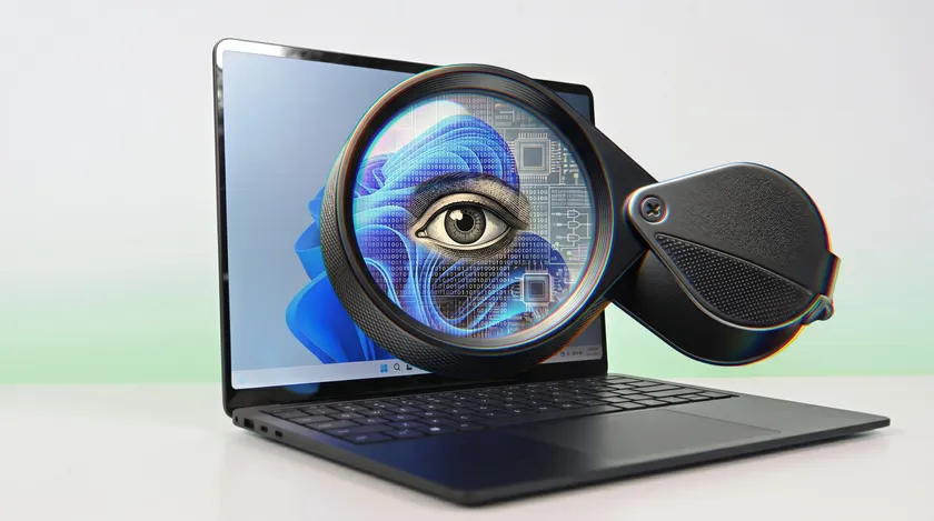 A Surface Laptop 8 displays a digital face blending with circuit patterns, under a magnifying glass highlighting an eye, symbolizing technology and digital surveillance.